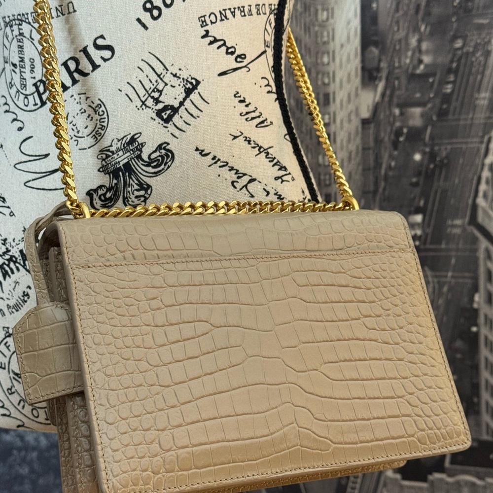 Saint Laurent Sunset Medium Croc-Embossed Leather Shoulder Bag in Dark Beige - Picture 4 of 16